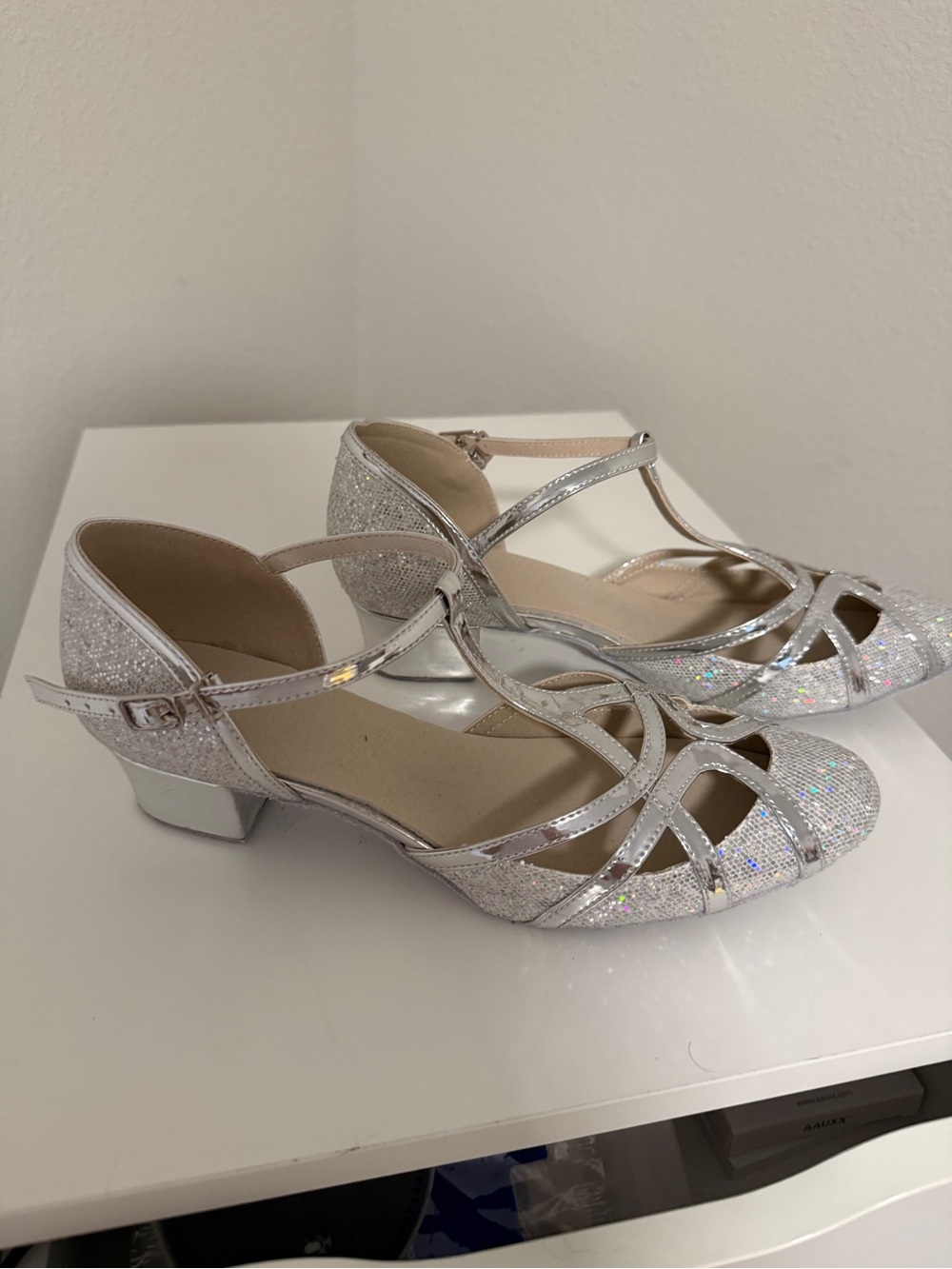 Silver Glitter Strappy Low Block Heels for Women